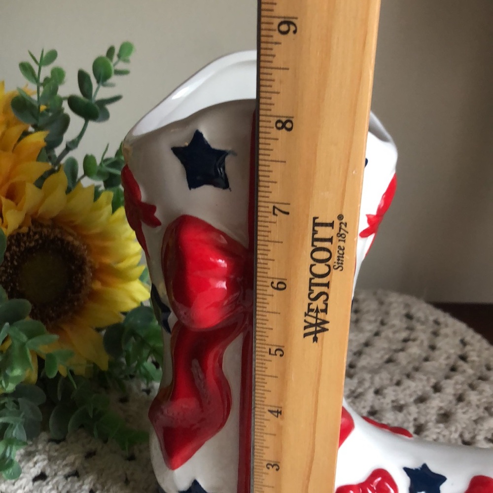 Decorative White Ceramic Cowboy Patriotic Boot with Red Bows and Blue Stars - Picture 3 of 10